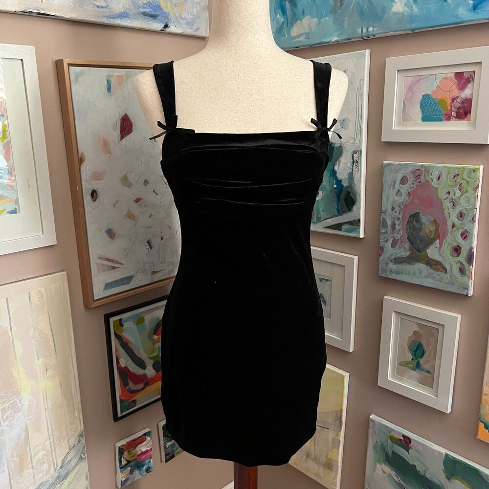 Black Velvet Bow Strap Mini Dress Ruched y2k Whimsygoth Going Out Size M